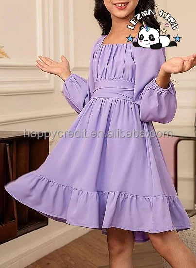 LEZONKIDS - 2024 Hot Sale Long Sleeve Tie Back Dresses Tween Boho Off Shoulder Dress Size 6-15 Years for girls